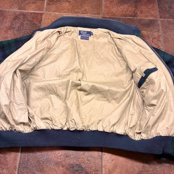 80s Polo by Ralph Lauren Made in USA Green Plaid Wool Blend Bomber Coat - Picture 4 of 9